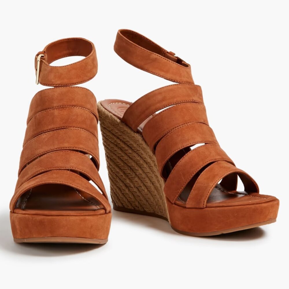 Tory Burch Womens 10.5‎ Bailey Brown Leather Wedges Espadrilles Sandals Shoes